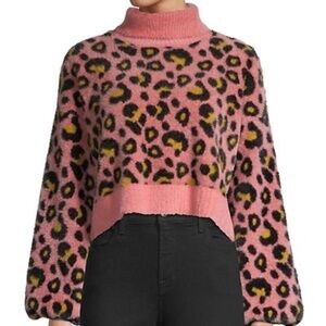 For Love & Lemons Angelina Leopard-print Cropped Turtleneck Sweater In Pink